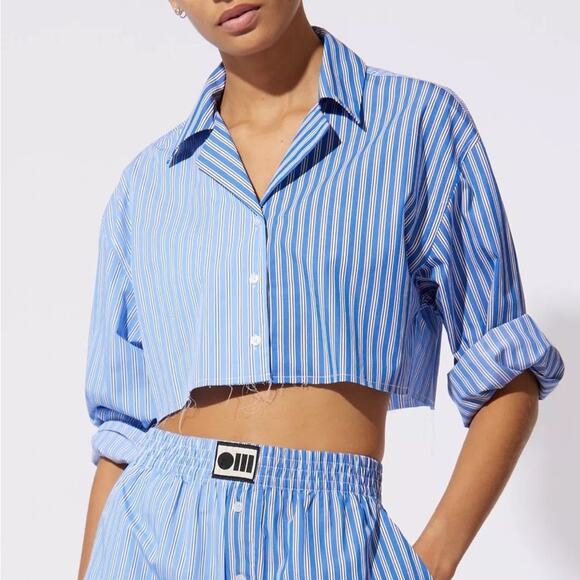 NWT Solid & Striped The Rosalie Top Blue & White Cropped Long Sleeve Button Up - Picture 1 of 8